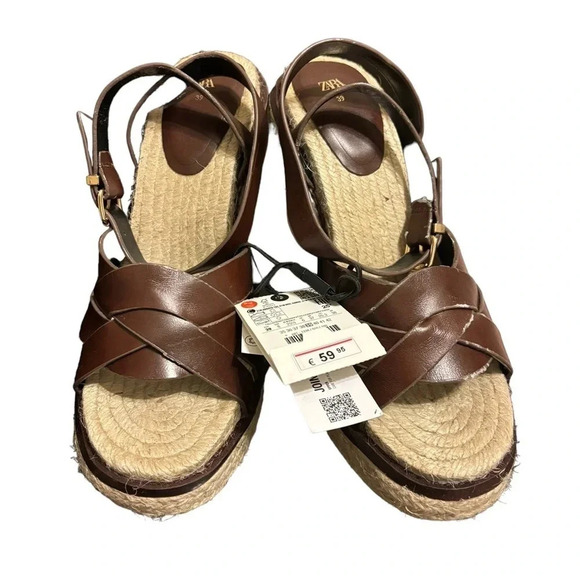 NWT Zara Dark Chocolate Brown Leather Strapy Straw Espidrille Platform Wedges 39 - Picture 2 of 8